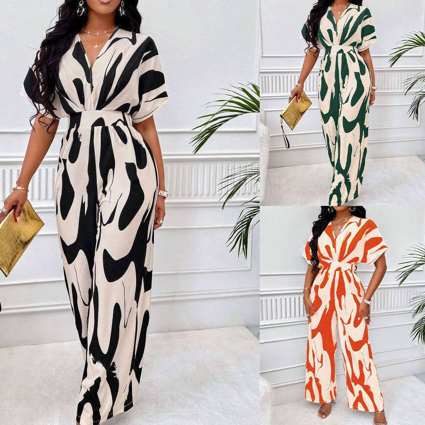 Wide Leg Jumpsuit Spring And Summer New Women S Clothing Full Body Printed Bat Sleeves Wide Leg Jumpsuit