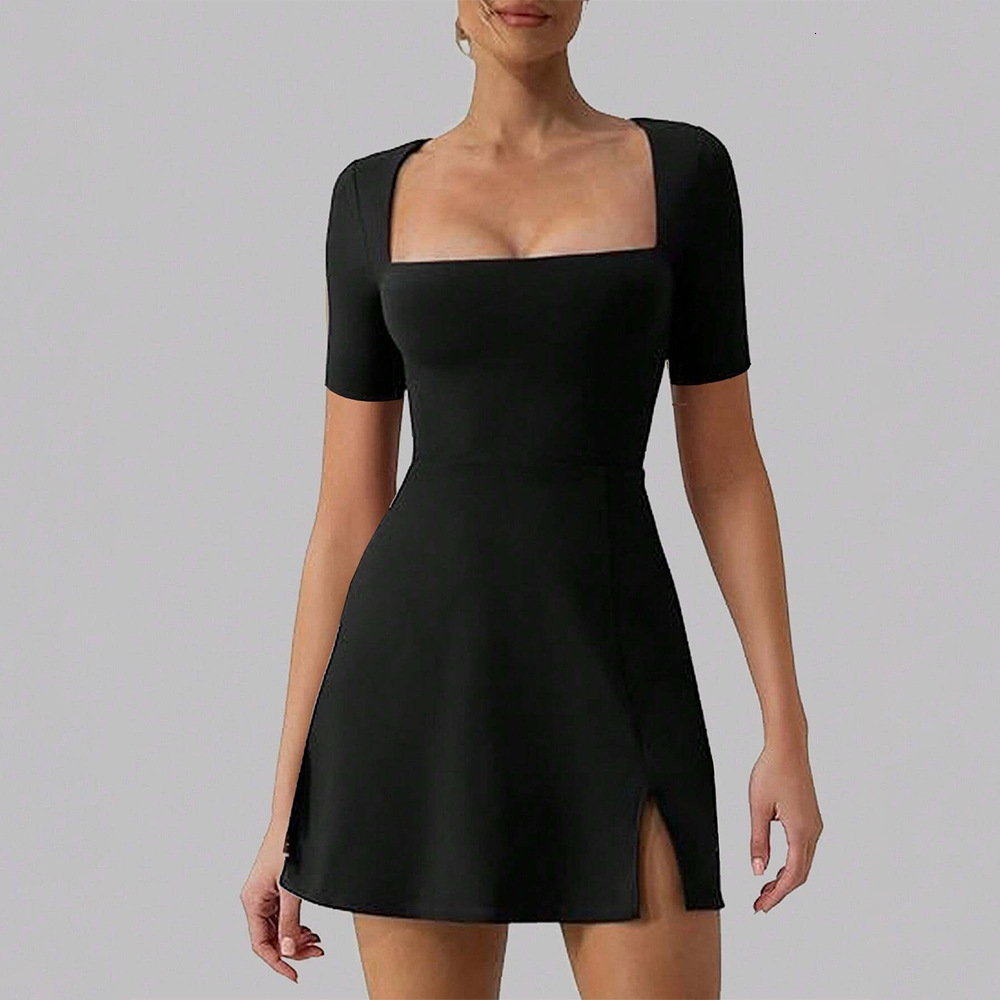 Womens Insspring/summer New Short Sleeve Solid Color Square Neck Slimming High Waist Split Dress