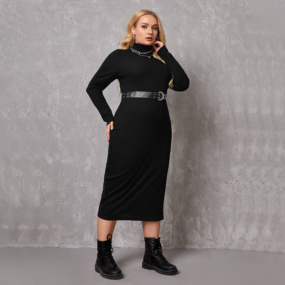 Plus Size Womens Ladies Intellectual Style Dress Autumn and Winter High Neck Base Mid Length Skirt