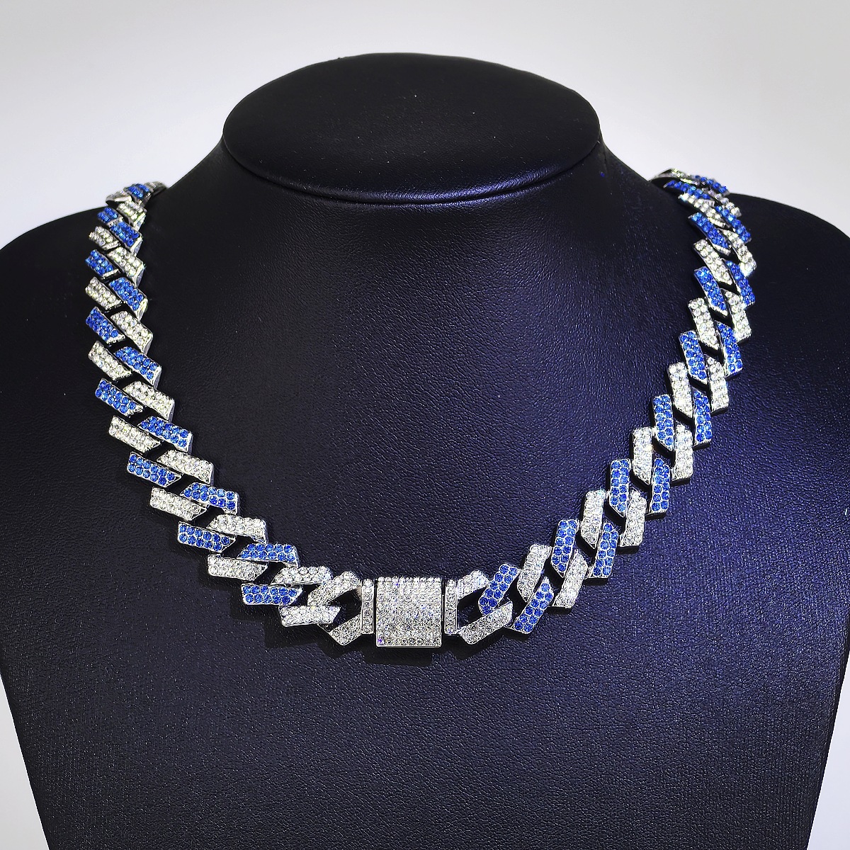 New 15mm Diamond-Studded Cuban Link Necklace with Rhodium-Plated Pink and Blue Water Diamonds - Trendy Hip Hop Style for Cross-Border Wholesale