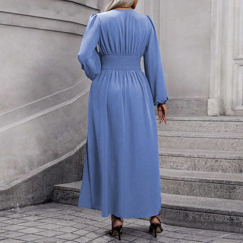Plus Size Womens Sexy V-neck Cinched Waist Large Skirt Slit Long Sleeved Dress