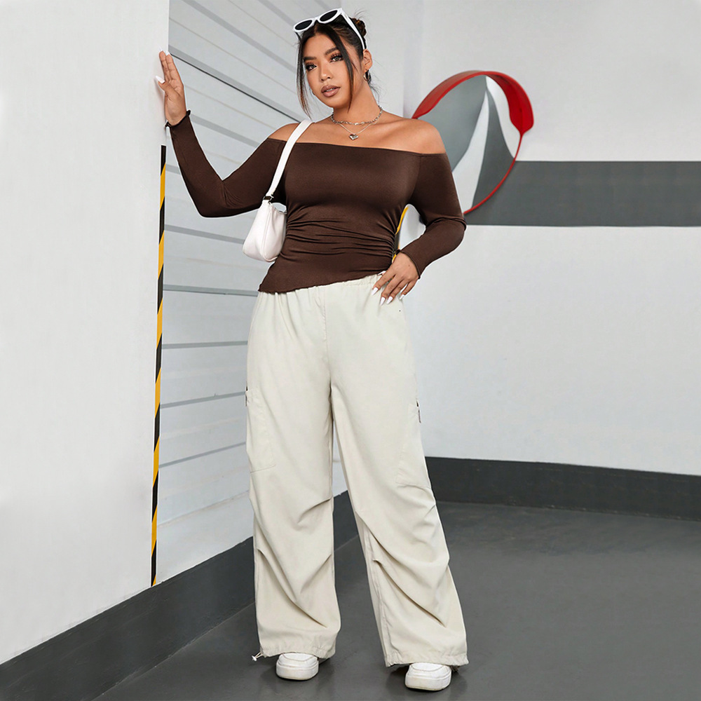Large Size Womens Autumn and Winter Brown One Cut Collar Off Shoulder Long Sleeved T-shirt Sexy Solid Color Top