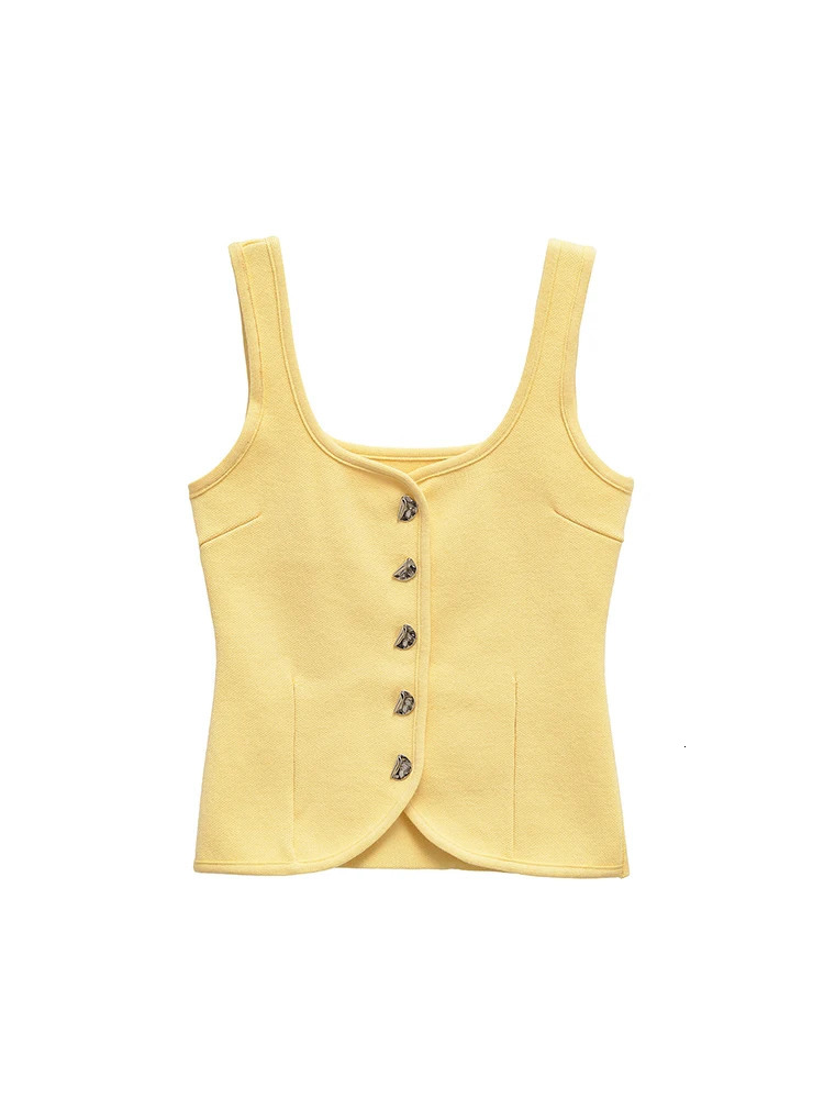 TRZA Womens Fashion with metal buttons knitted vest sweater Oneck wide shoulder strap belt fashionable top 250506