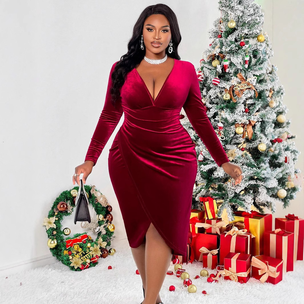 Autumn and Winter New Womens Sexy Socialite Style Dress V-neck Design with Wine Red Mid Length Skirt