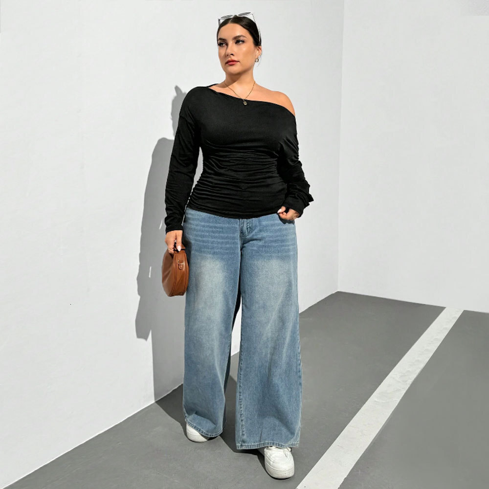 Large Size Womens Elegant One Neck T-shirt for Spring and Summer 2025 New Collection Pleated Slim Fit and Slimming Top