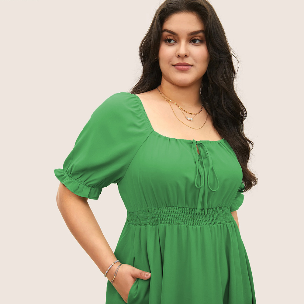 Large Size Womens Square Neck Bubble Sleeve Ruffle Solid Color Waist Cinched Vacation Style Dress
