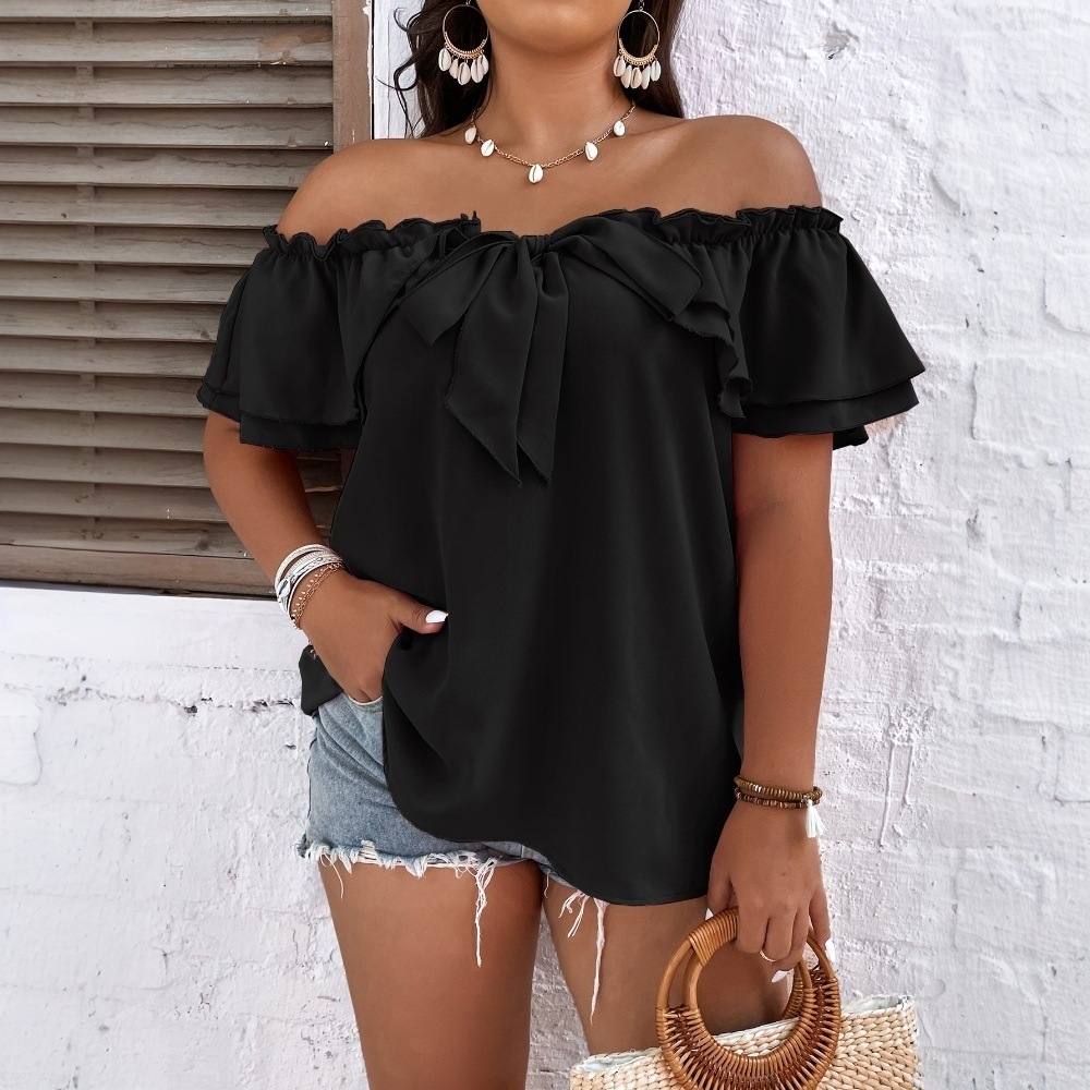 Large Womens Versatile Commuting T-shirt for Spring/summer 2025 New One Word Collar Bow Top