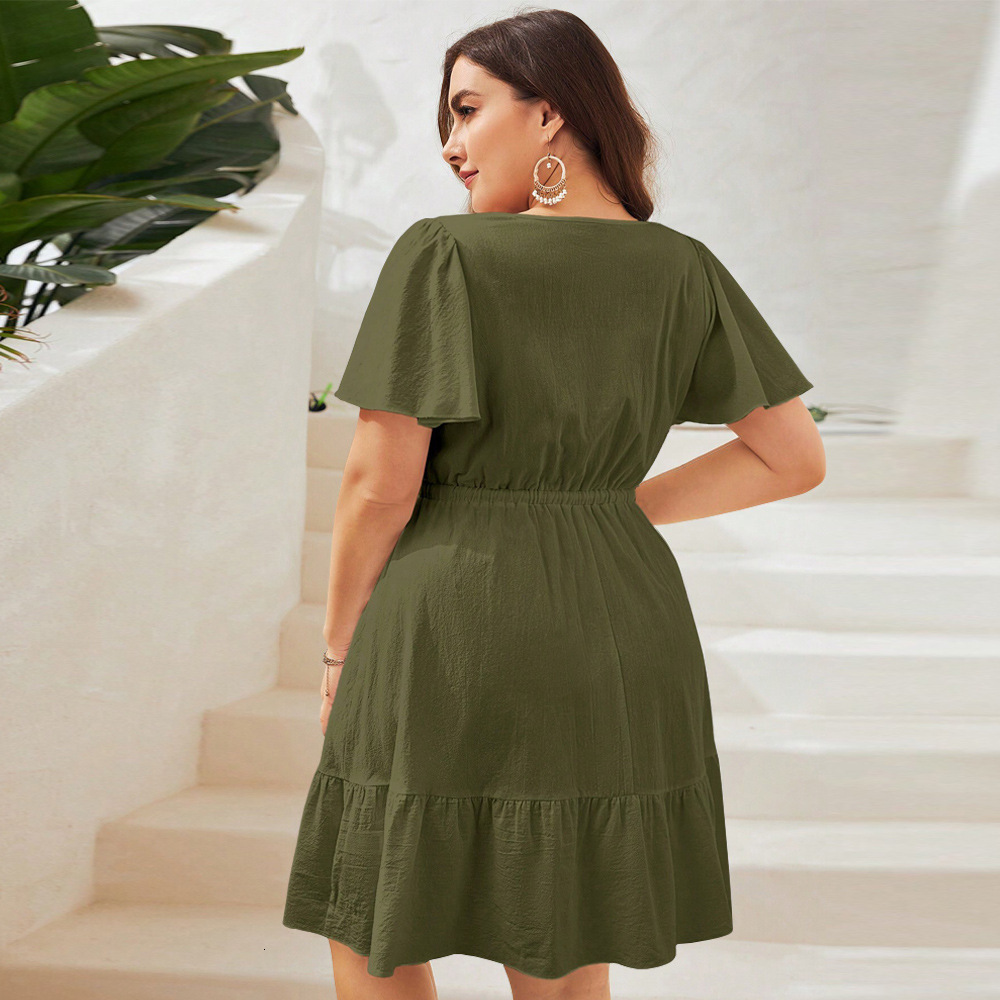Summer Large Womens Style Short Sleeve Waist Strap Holiday Dress