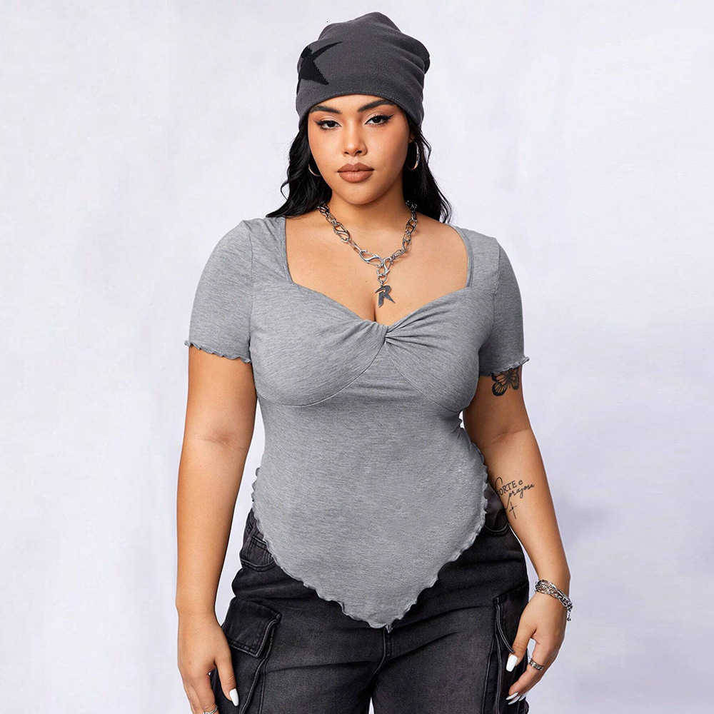 Large Size Womens Square Neck Slim Fit and Slimming Irregular Knitted Short Sleeved T-shirt Top