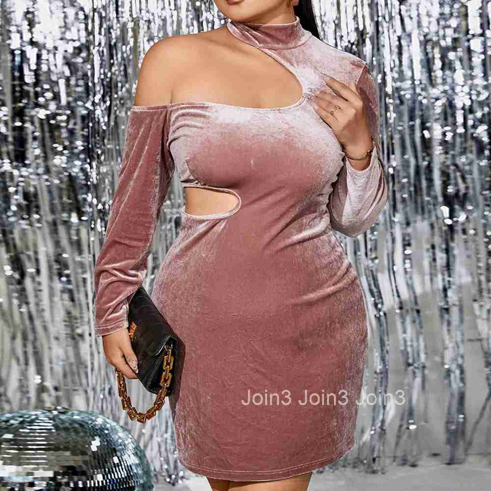 Large Womens Sexy Off Shoulder Mesh Red Off Waist Irregular Diagonal Neck Wrapped Hip Long Sleeve Velvet Dress