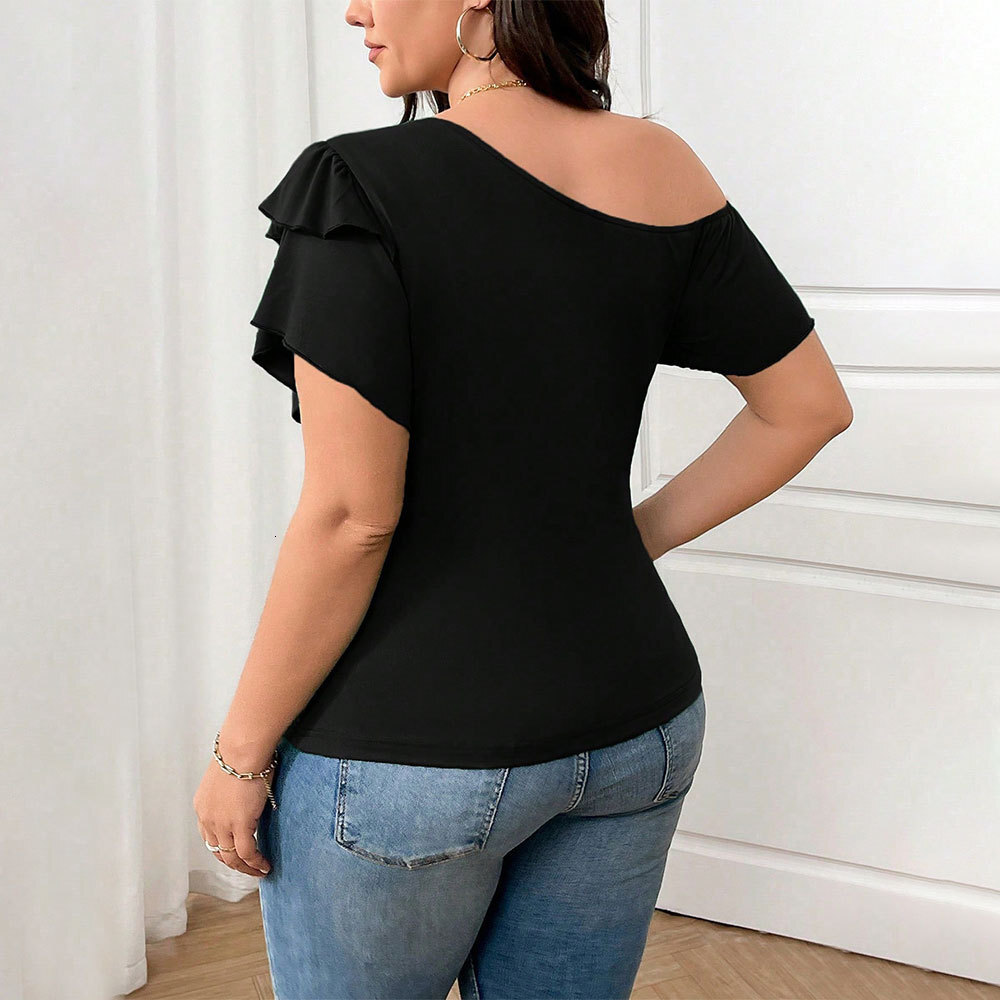 2025 Summer New Plus Size Womens Versatile Ruffle Edge Sloping Collar Design Loose T-shirt Top
