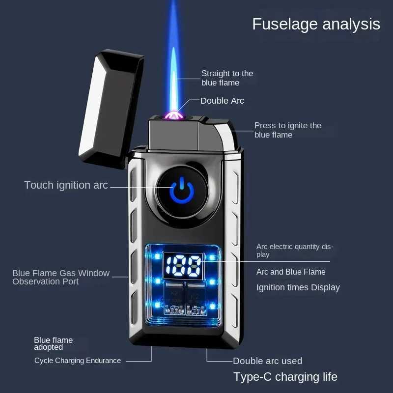 Hot Sales New Electronic Pulse Cigarette Lighter Gas and Electric Digital Display Double Arc Windproof Butane Gas LighterT250516