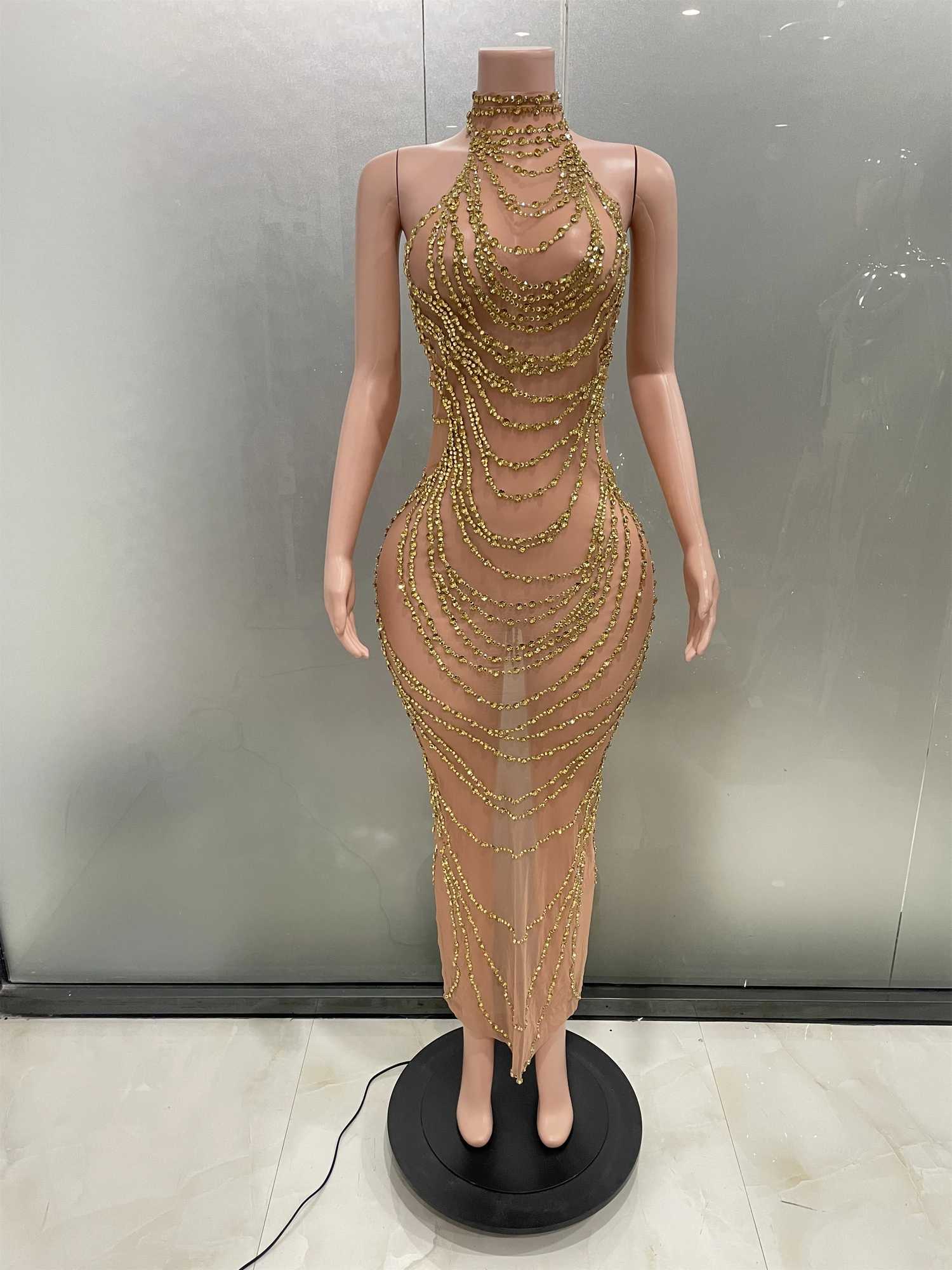 Sexy Luxury Sparkly Gold Rhine Transparent Mesh Long Dress Women Birthday Party Gown Stage Singer Performance Show Come W250516