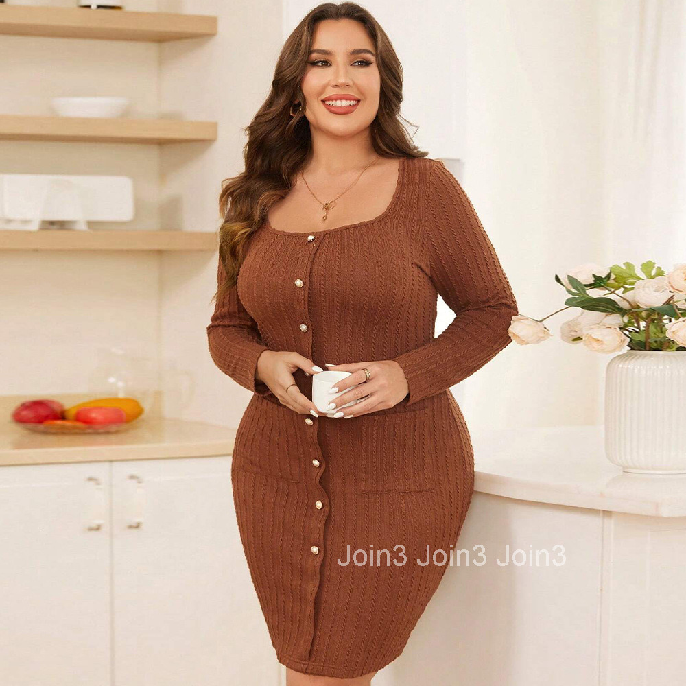 Large Size Womens Autumn and Winter New Slim Fit Bag Hip Square Collar Textured Long Sleeved Sexy Dress