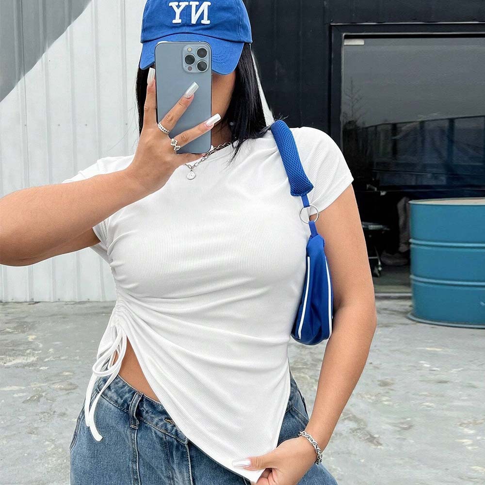 New Plus Size Womens Clothing Ins Minimalist Style Round Neck T-shirt Slim Fit Temperament Solid Color Top