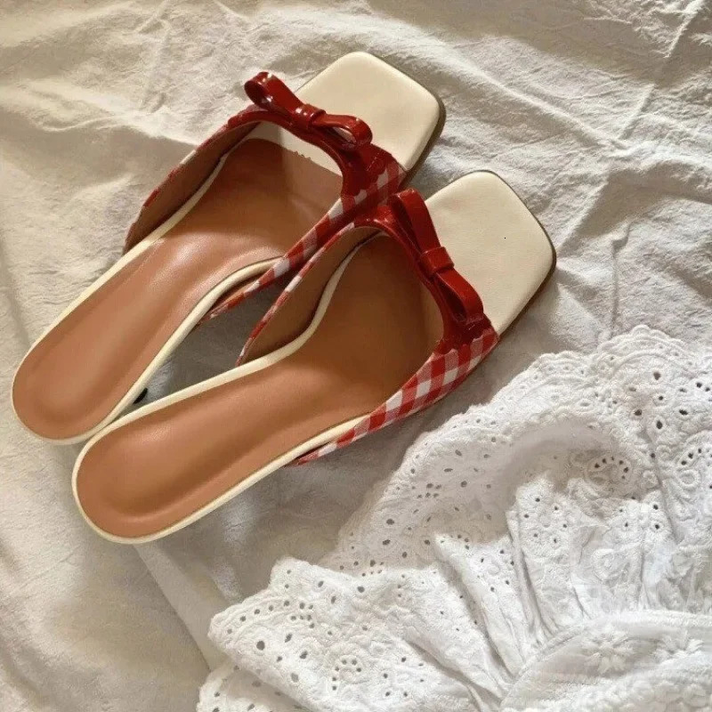 Shoes Retro Plaid Bow Sandals Kitten Heels French Style Peep Toe Shoes Mixed Color Sweet and Cute Womens Vocation Shoes 250514