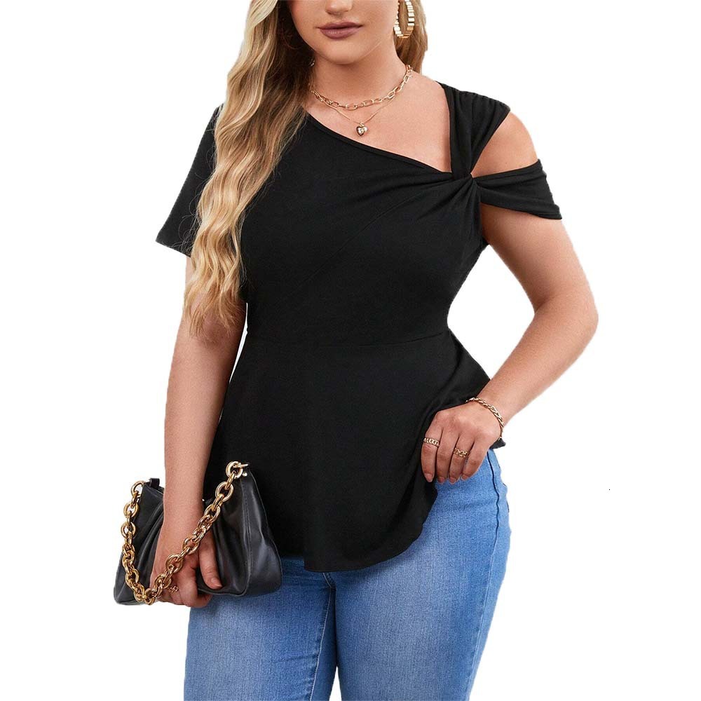 Plus Size Womens Sexy Off Shoulder Sloping Neck T-shirt Summer New Style Pullover Solid Color Short Sleeved Top