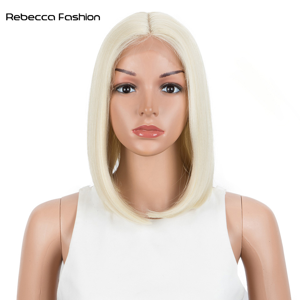 Rebecca Fashion Synthetic Front 12 InchStraight Short Bob Ombre Blonde Colorful For Women Cosplay Wigs Middle Part Lace Wig