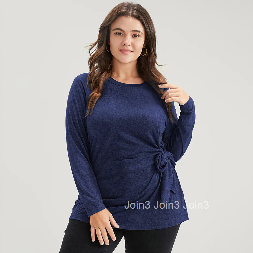 Large Size Womens Simple and Elegant T-shirt for Autumn and Winter Slim Fit Pleated Twisted and Slimming Top
