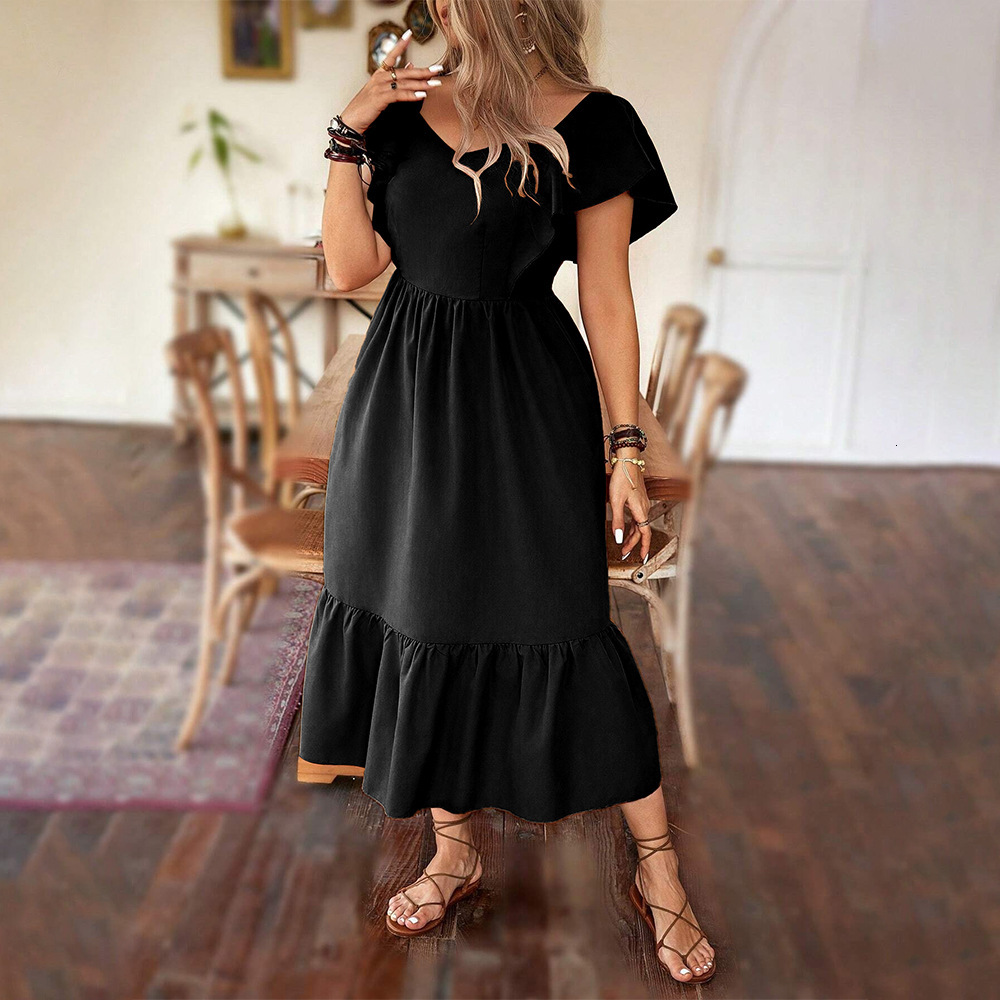 Spring Black Temperament French Knee Length Skirt with Ruffled Edges Short Sleeved Square Neck Slim Fit Backless Dress