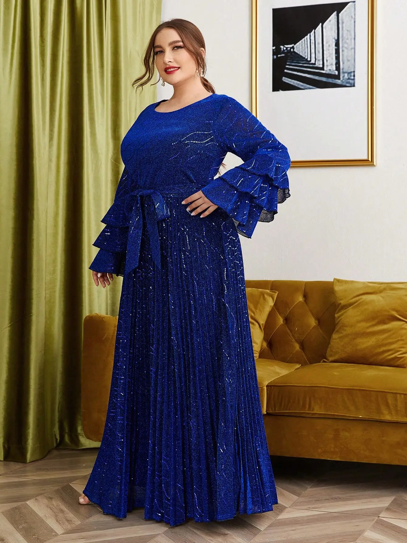Mgiacy plus size round neck multilayer lotus long sleeved sun folding evening gown dance 250506