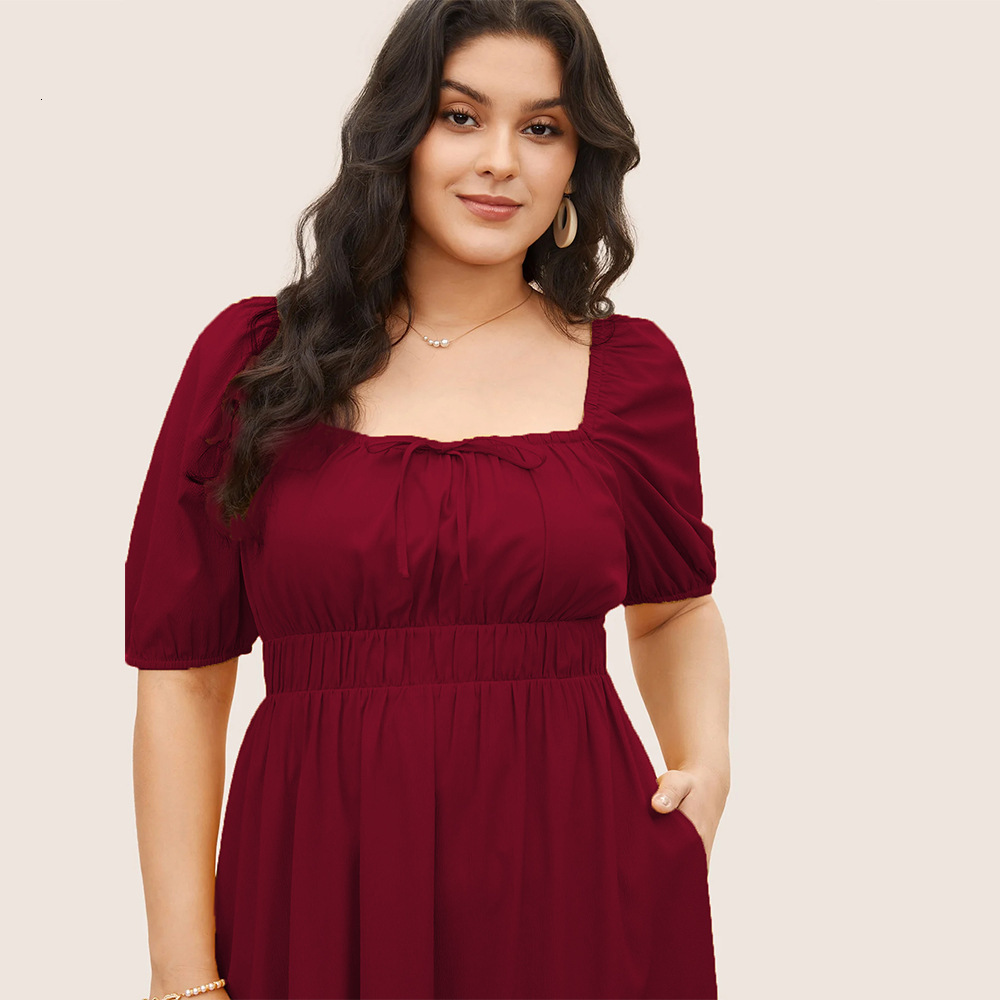 Large Size Womens Spring/summer New Square Neck Bubble Sleeve Pocket Waist French Vacation Dress