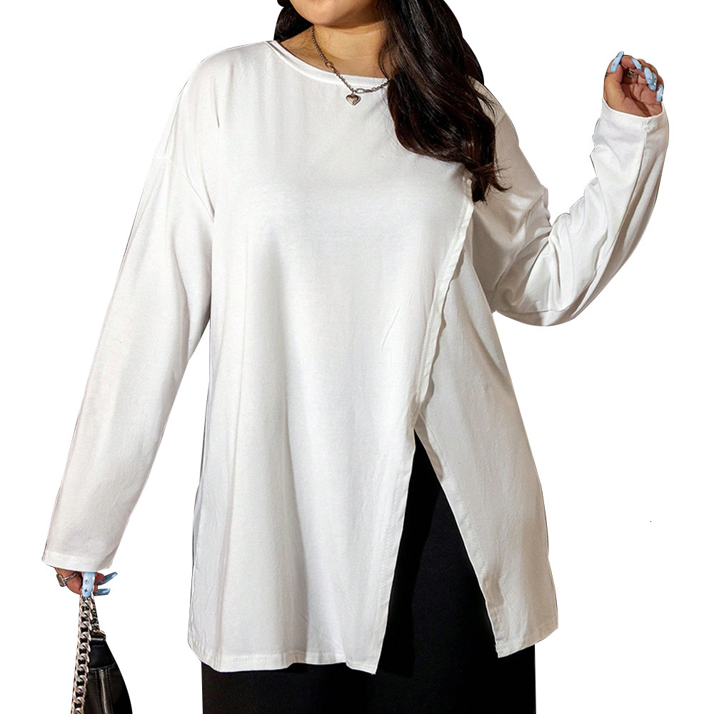 Large Size Womens Autumn/winter Side Slit T-shirt Design Sense Base Shirt Loose Long Sleeved Top