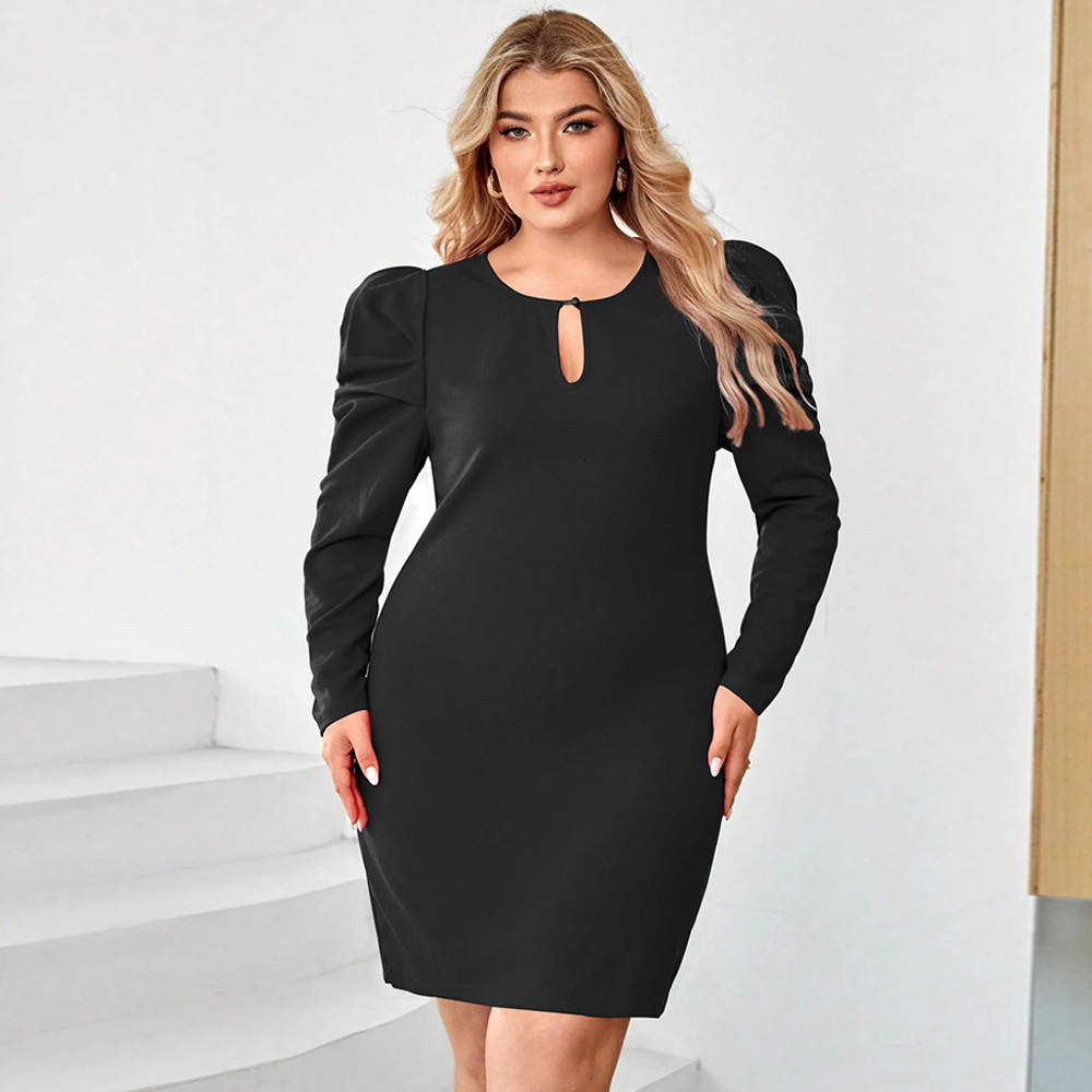 Large Size Womens 24 Sexy Hollow Waist Bag Hip A-line Skirt with Sheep Leg Sleeves Stylish Dress with Temperament