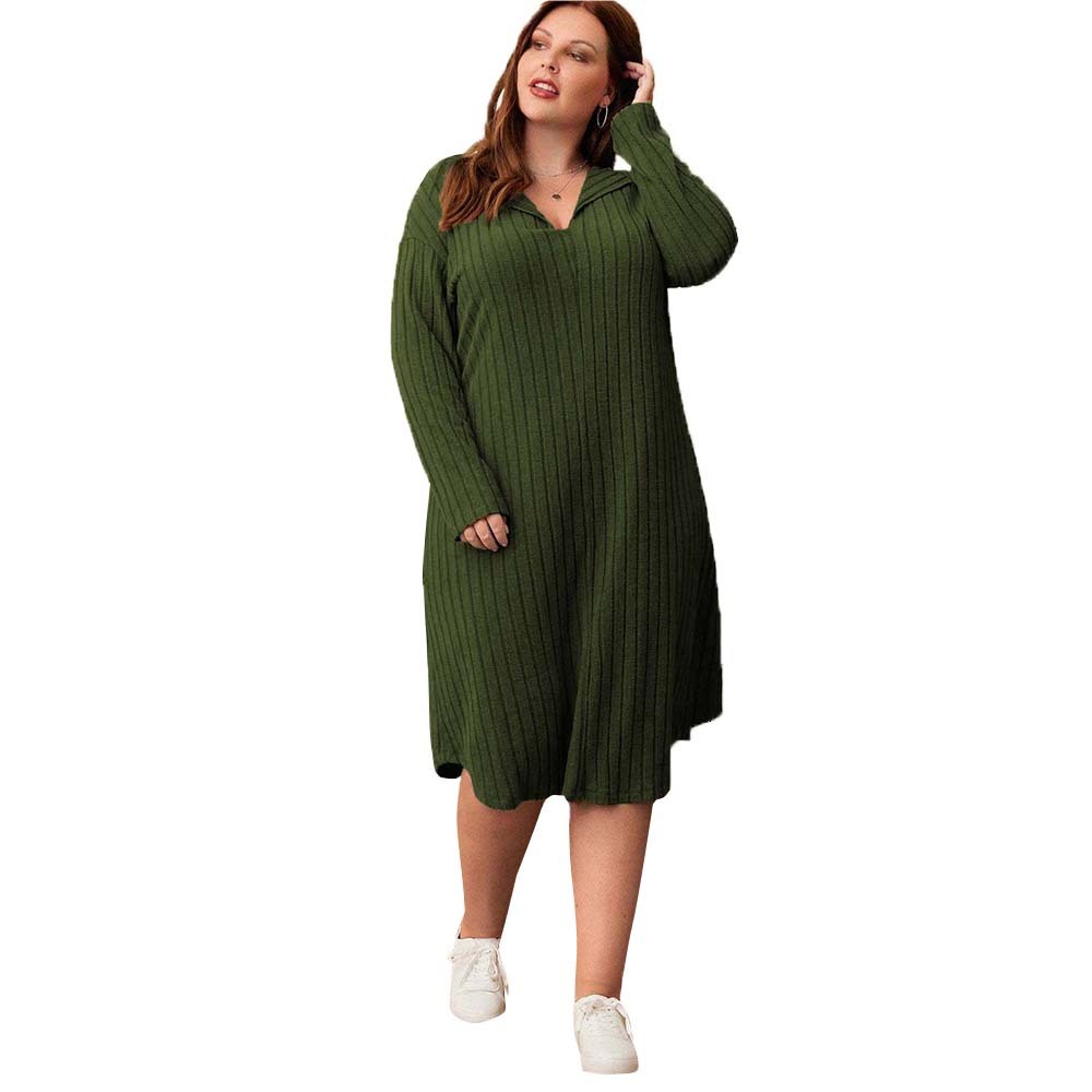 Plus Size Womens Simple Casual Style Dress Autumn and Winter Loose Fit Slimming Long Sleeved Mid Length Skirt