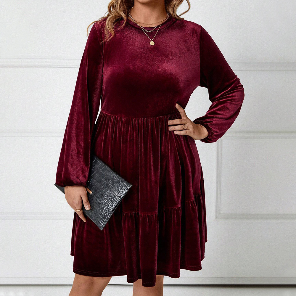 Plus Size Womens Elegant Style Dress Autumn and Winter Korean Velvet Wine Red Mid Skirt