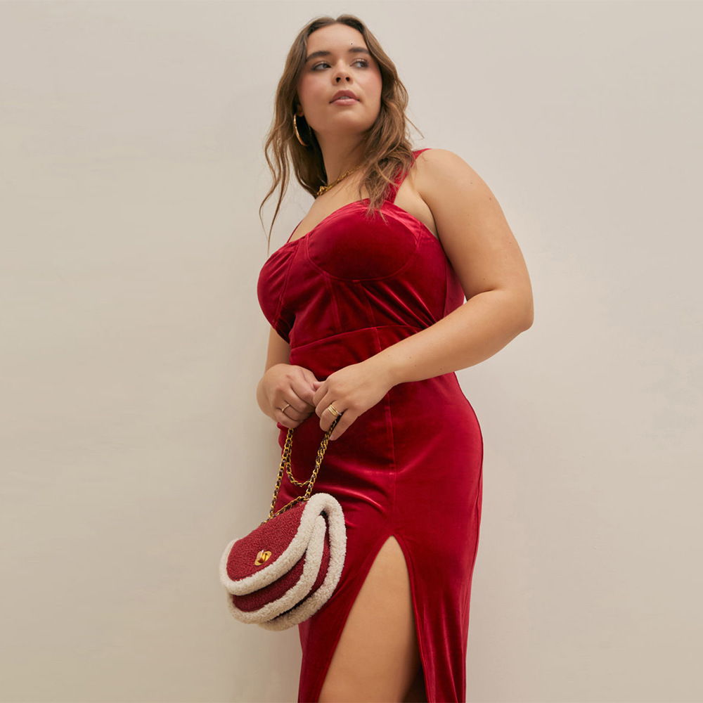 Large Size Womens Autumn and Winter Slim Fit Slit Hip Hugging Temperament Solid Color Velvet Suspender Dress