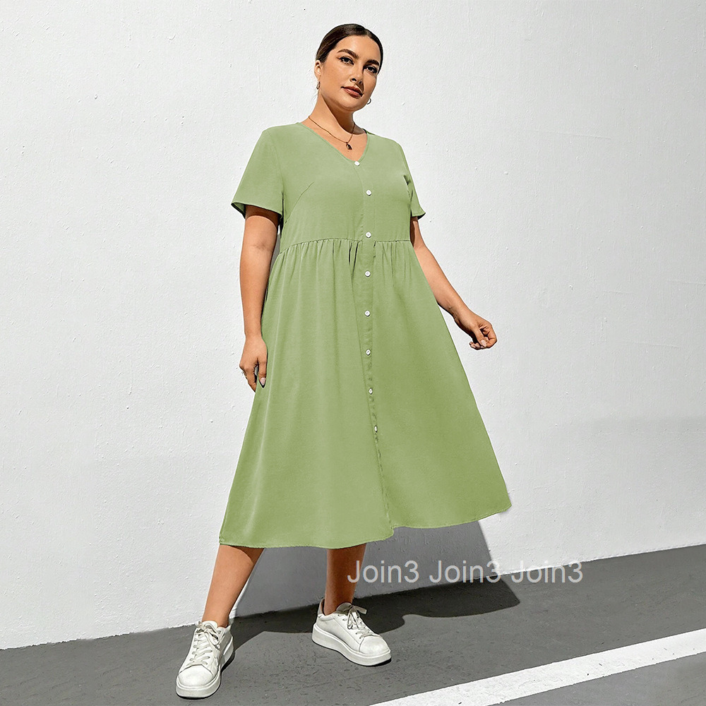 Spring/summer New V-neck Short Sleeve Knee Over Skirt Solid Color Loose High Waist Dress