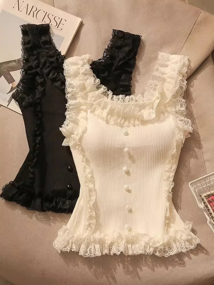Korean Lace Patchwork Crop Top Women UNeck Knitted Stretch Tank 2025 Summer Female White Cami 250506