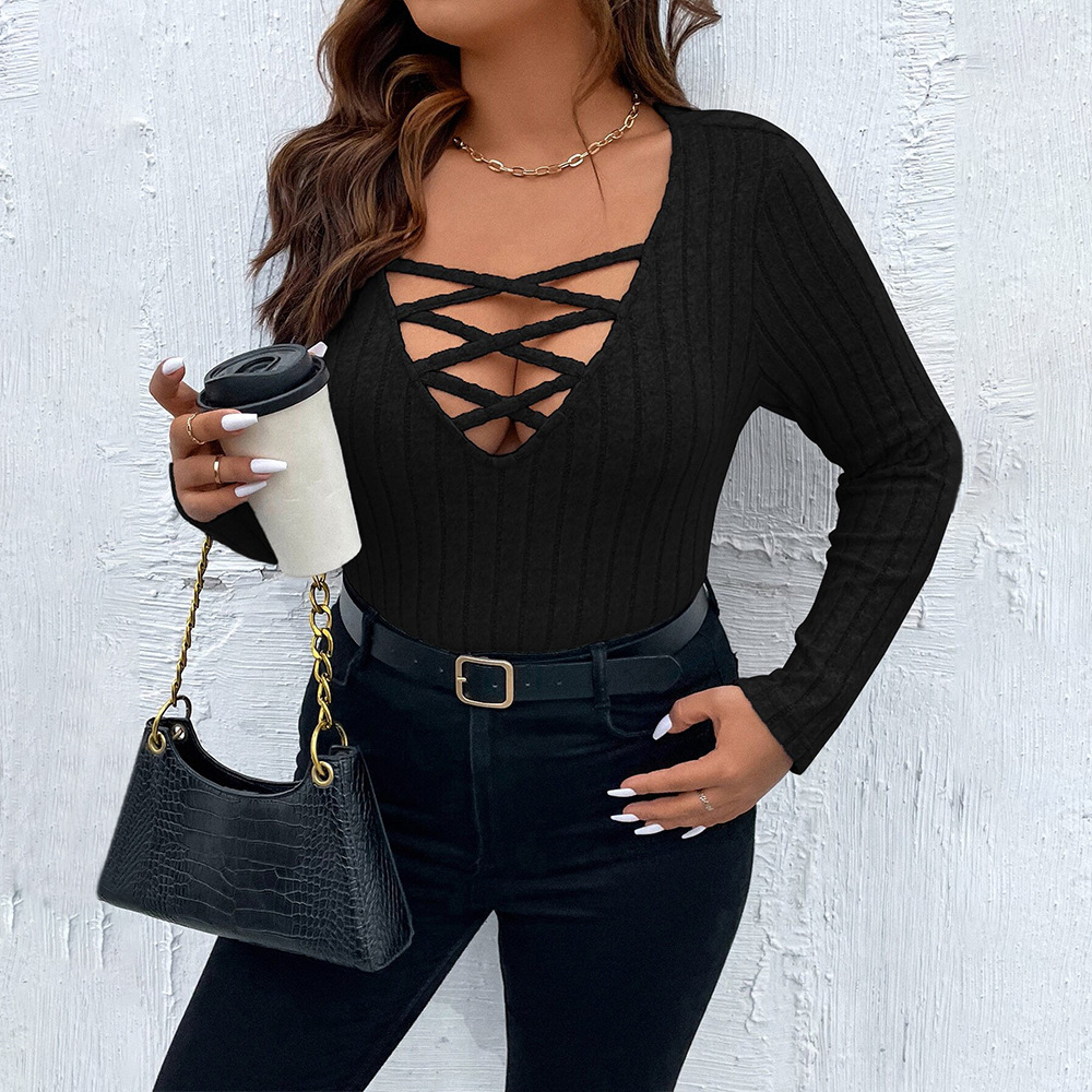 Oversized Womens V-neck Hollowed Out Sexy T-shirt for Autumn and Winter Slim Fit and Slimming with Long Sleeved Solid Color Top Inside