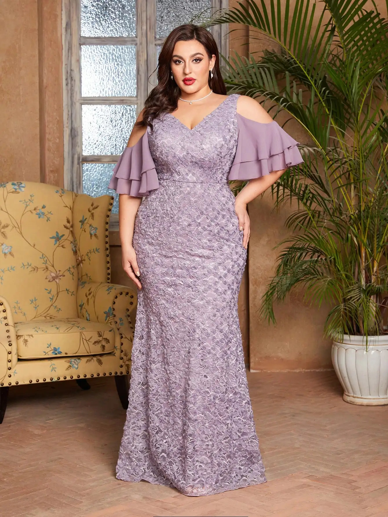 Mgiacy plus sizeV-neck romantic three-dimensional lace patchwork chiffon multi-layer off-the-shoulder sleeve fishtail slim dress 250515