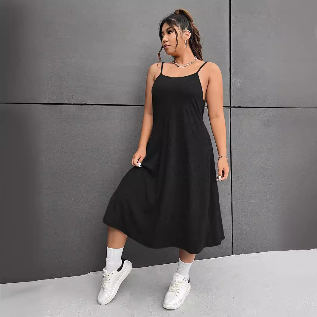 New Plus Size Womens Casual Style U-neck Sleeveless Dress with High Waist and A-line Suspender Skirt
