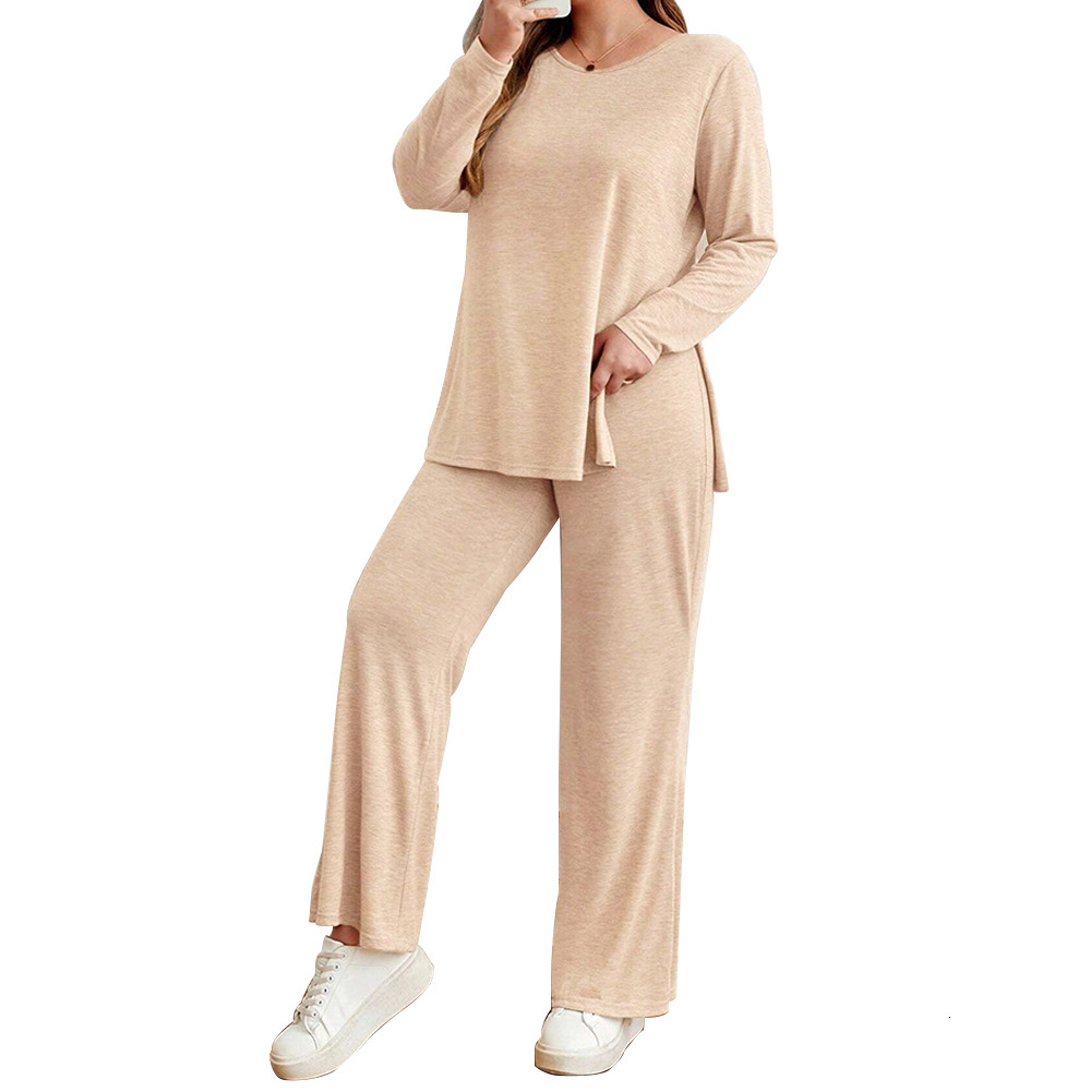 Large Size Womens Casual Round Neck Slit Long Sleeved T-shirt Top Wide Leg Pants Set Two-piece Set