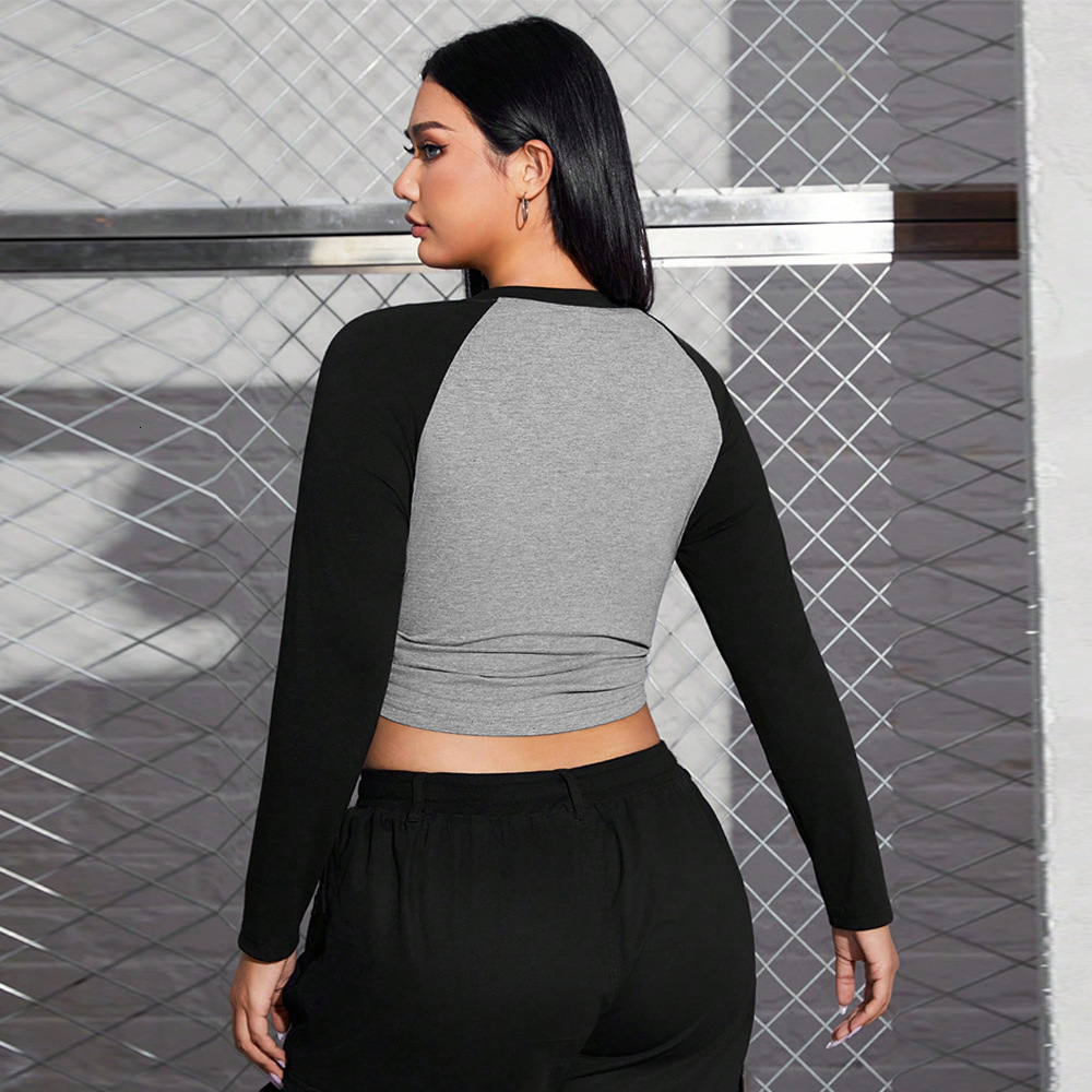 Oversized Womens Clothing Style Design V-neck Long Sleeved T-shirt Front Shoulder Base Shirt Spliced Contrasting Color Top