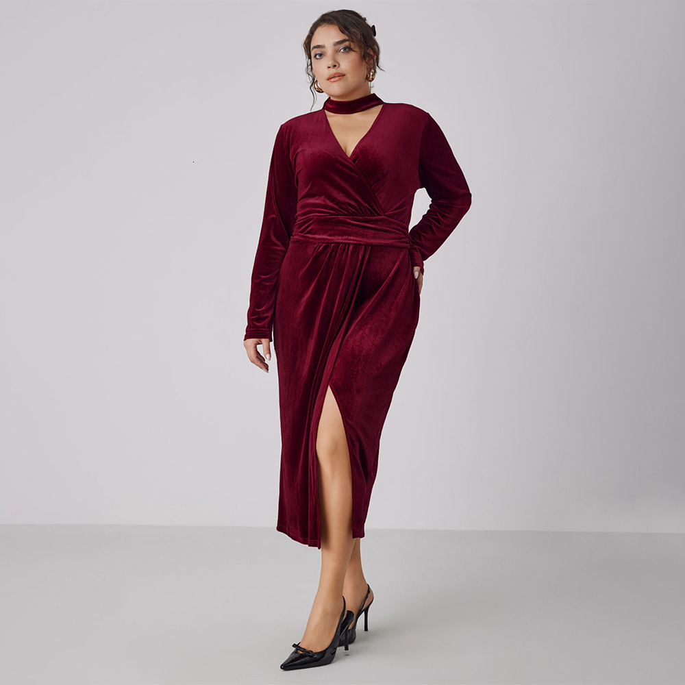 Plus Size Womens French Queen Wine Red Dress Autumn and Winter Korean Velvet Slit Long Skirt