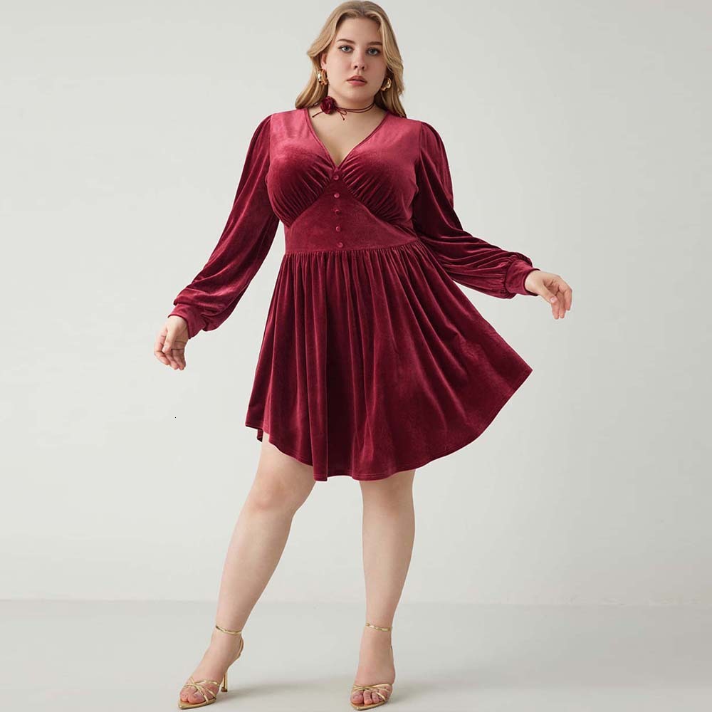 Large Size Womens Elegant Temperament Dress Autumn and Winter V-neck Wine Red High Waisted Short Skirt for Women