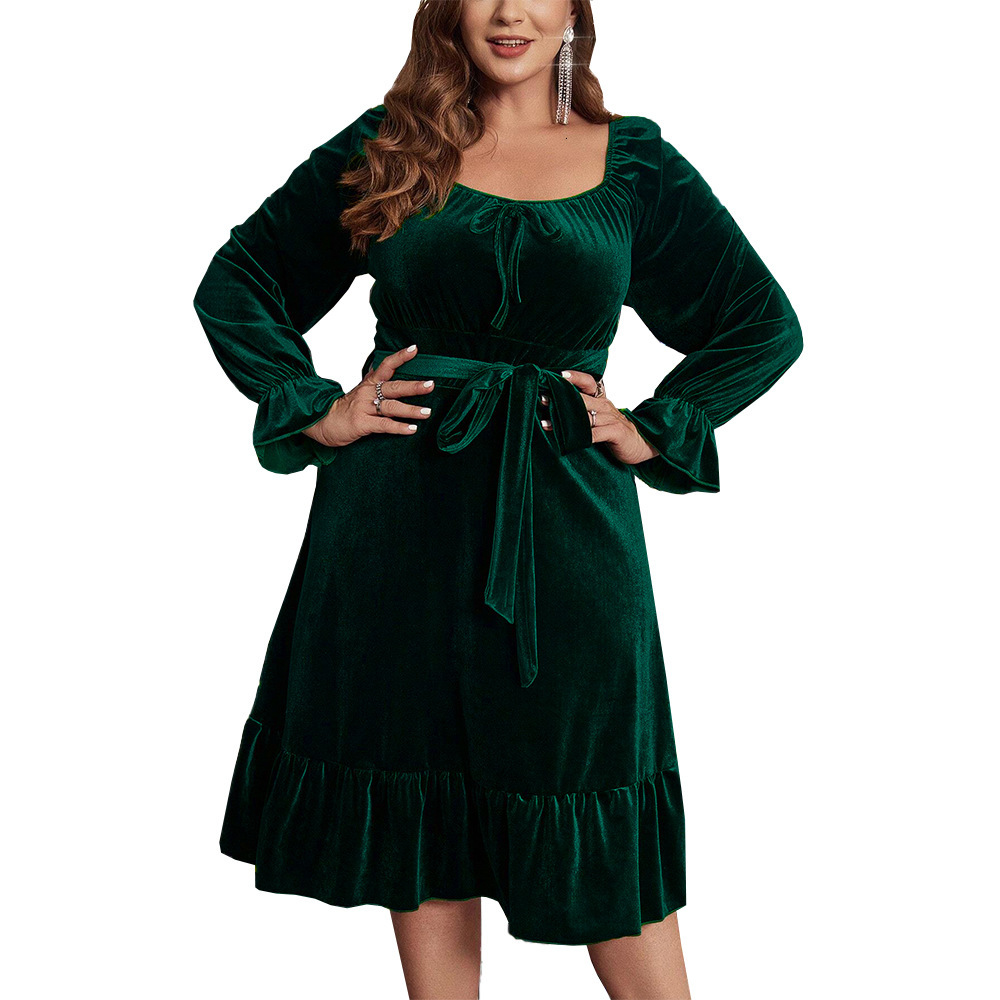 Large Size Womens French Elegant Dress Autumn and Winter Square Collar Flared Sleeves Waist Strap Mid Length Skirt