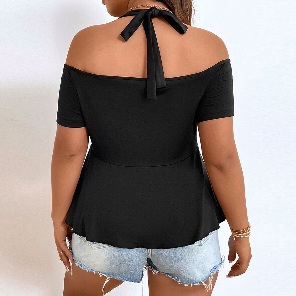 Plus Size Womens New Collection Waist Sexy Off Shoulder Hanging Neck T-shirt Solid Color Short Sleeved Versatile Top with Temperament
