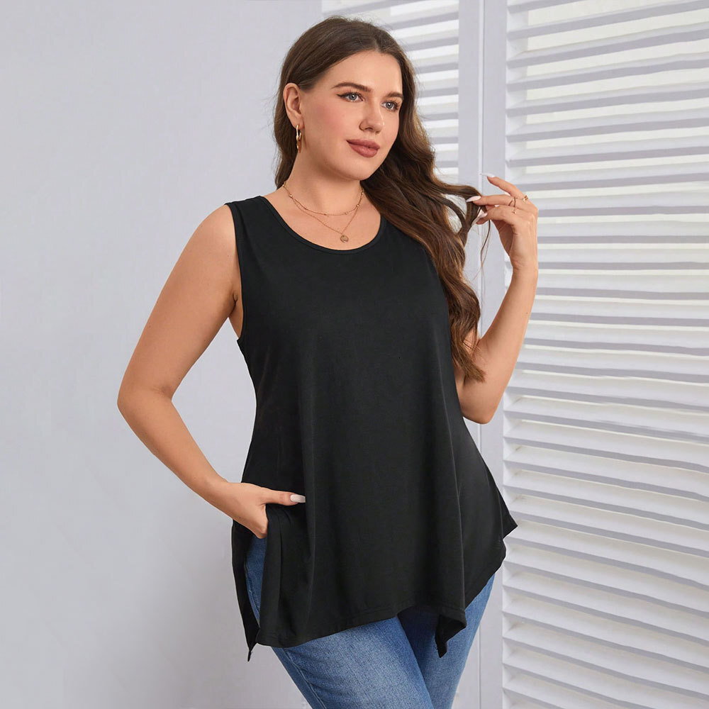 2025 Large Womens Simple Casual T-shirt Spring/summer New Sleeveless Round Neck Loose Top