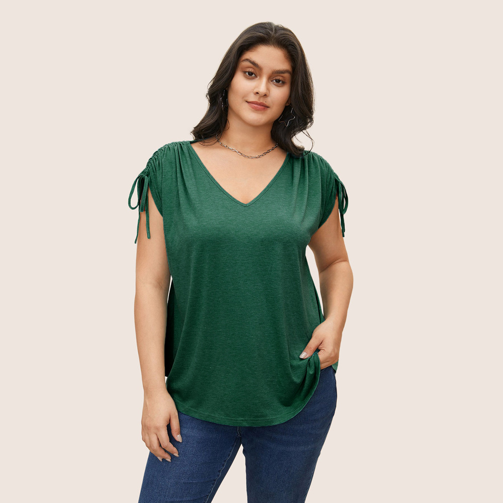 Plus Size Womens New Drawstring Vest V-neck Solid Color Casual Loose Short Sleeved T-shirt Top