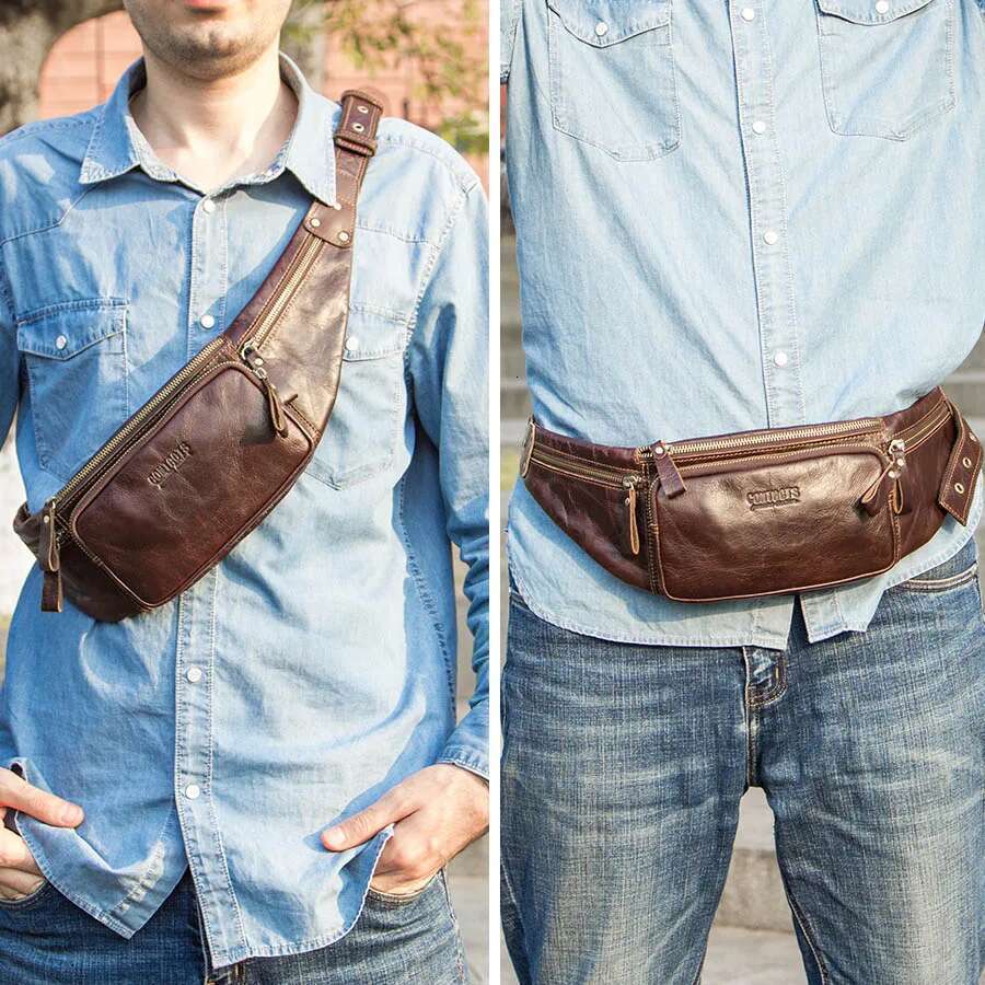 Contact's Cow Leather Men New Casual Small Fanny Male Waist Pack For Cell Phone And Credit Cards Travel Chest Bag
