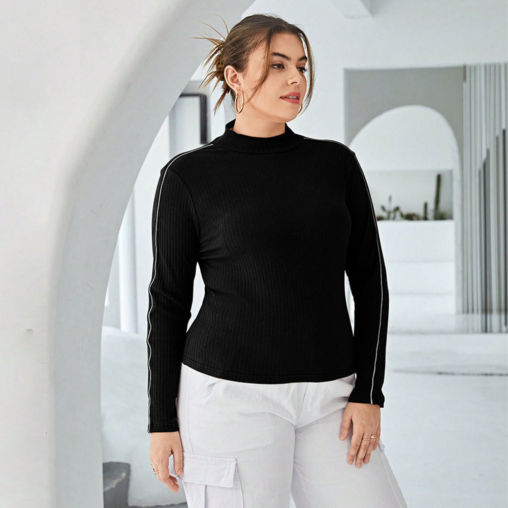 Large Size Womens Contrasting Knitted Sweater for Autumn and Winter with a Solid Color and High Neck and a Pit Stripe Top As the Base