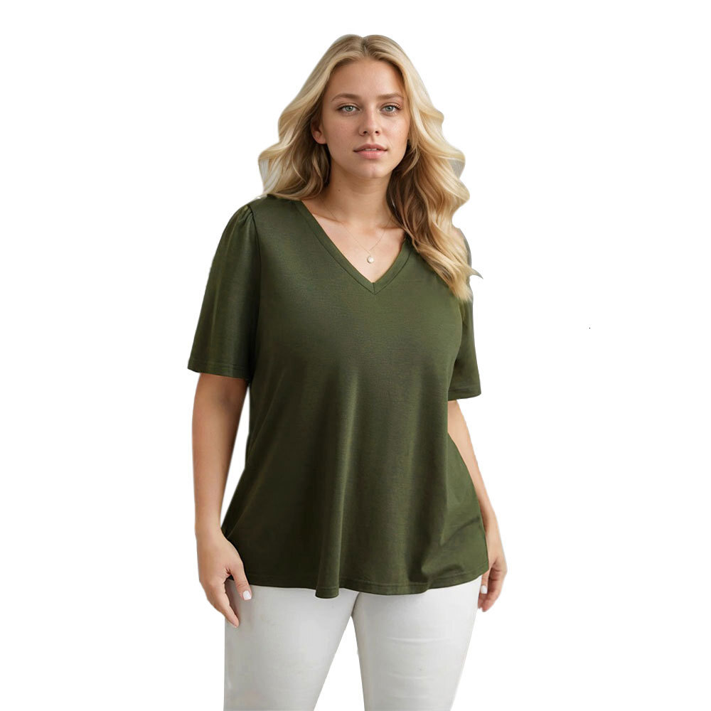 Womens 2025 Spring/summer New Solid Color V-neck Short Sleeved T-shirt for Women