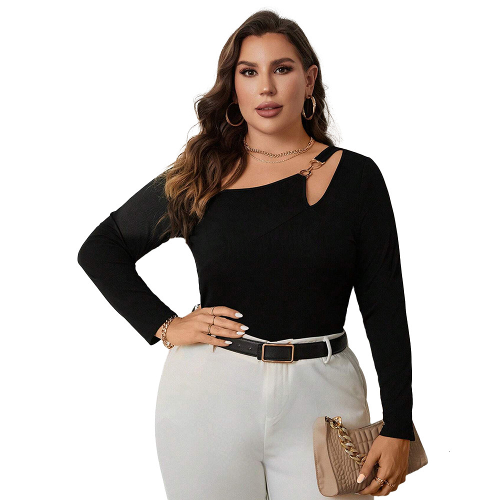 Large Size Womens Clothing Autumn and Winter New Item Slim Fit Temperament Sexy Hollow Out Long Sleeved T-shirt Simple Top
