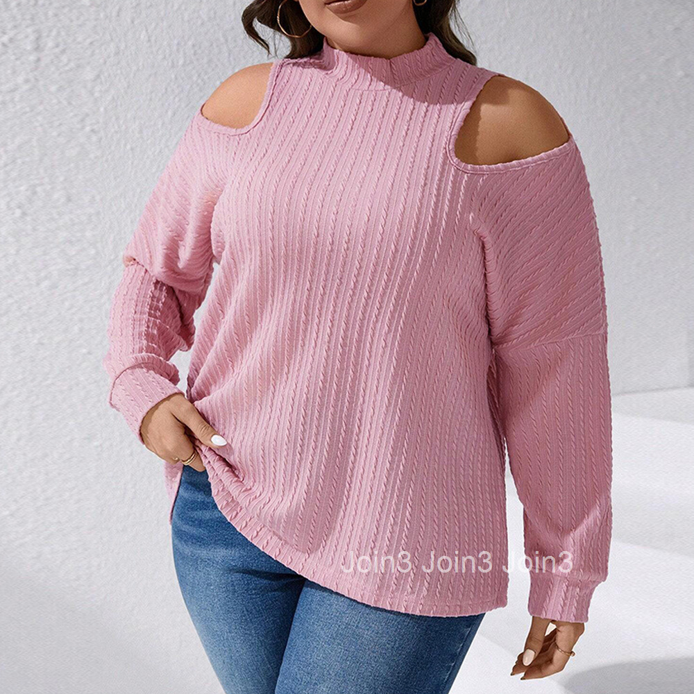 Large Size Womens Autumn and Winter New Texture Knitted Long Sleeved Half High Neck Off Shoulder T-shirt Top