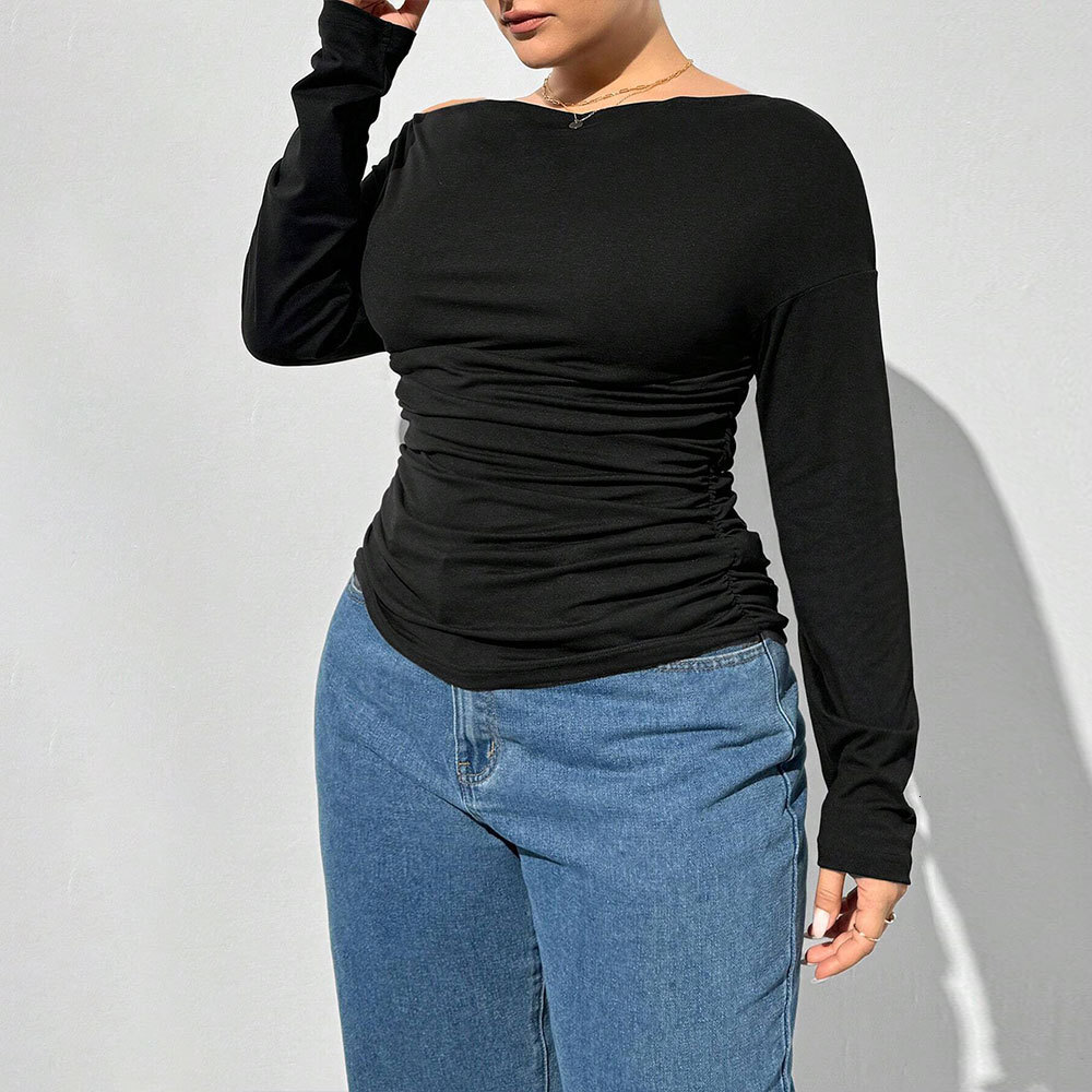 Large Size Womens Elegant One Neck T-shirt for Spring and Summer 2025 New Collection Pleated Slim Fit and Slimming Top